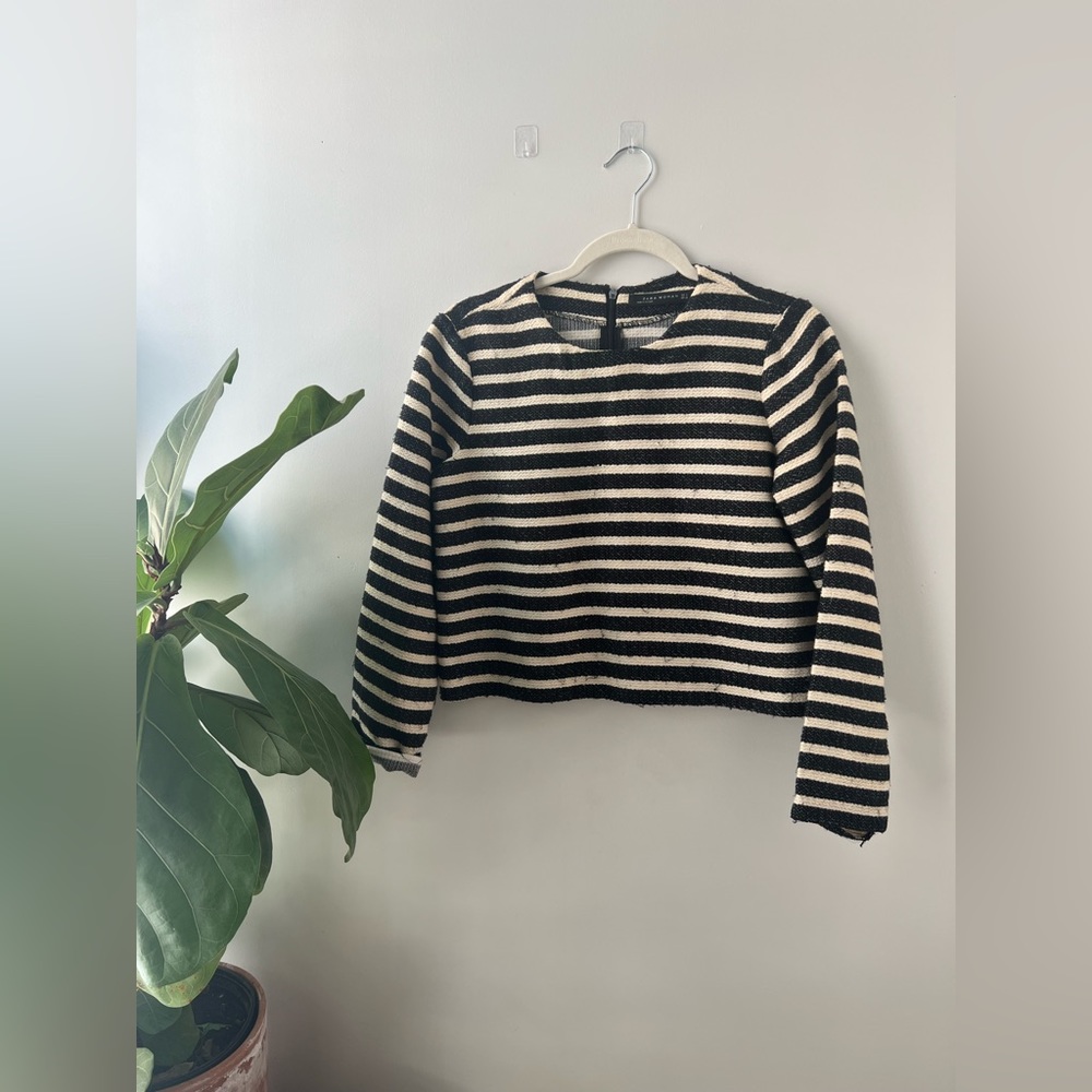 Zara boucle blue and white striped crew neck top // size small
